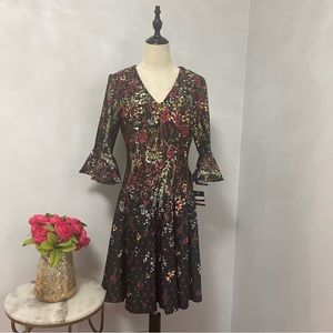 Gabby Skye Black Cranberry Floral Bell Sleeve Scuba Fit & Flare Dress -New W/Tag